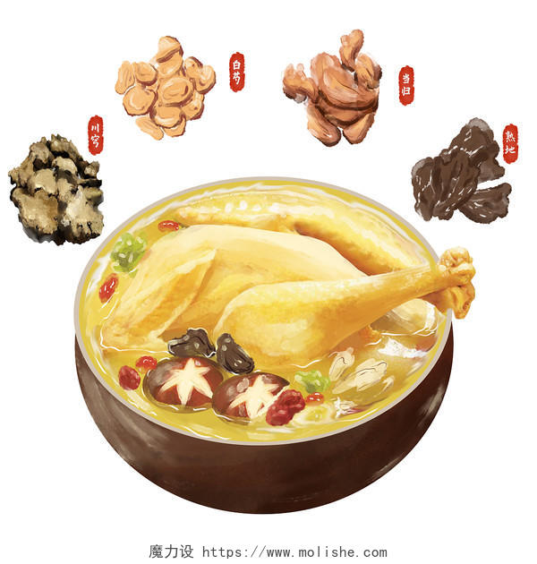 中国传统美食养生食补药食同源鸡煲中药材插画元素大雪背景